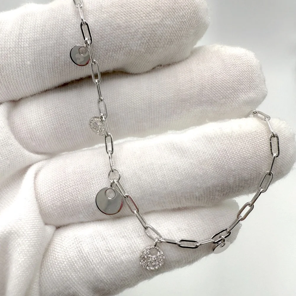 7” .925 Sterling Silver Dangle Cz Circle Charm Bracelet